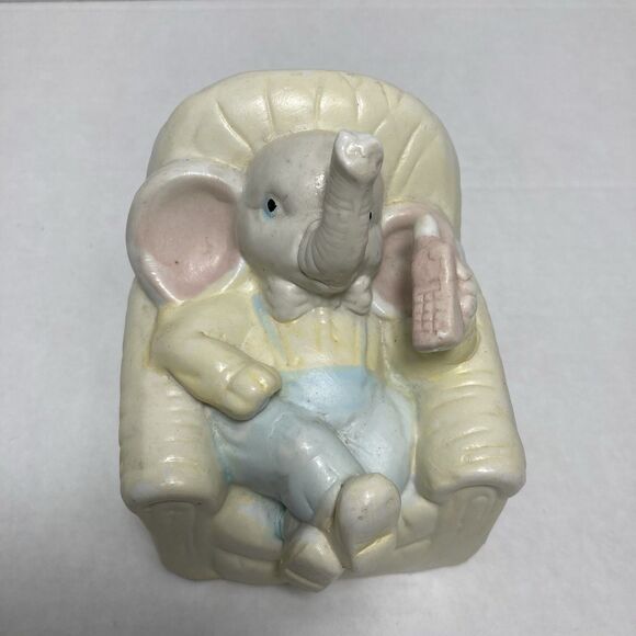 unbranded Other - Vintage Ceramic Elephant Figurine Nursery In Chair On Phone Pastel Coin Bank
